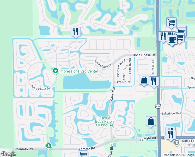 map of restaurants, bars, coffee shops, grocery stores, and more near 10672 Oak Lake Way in Boca Raton