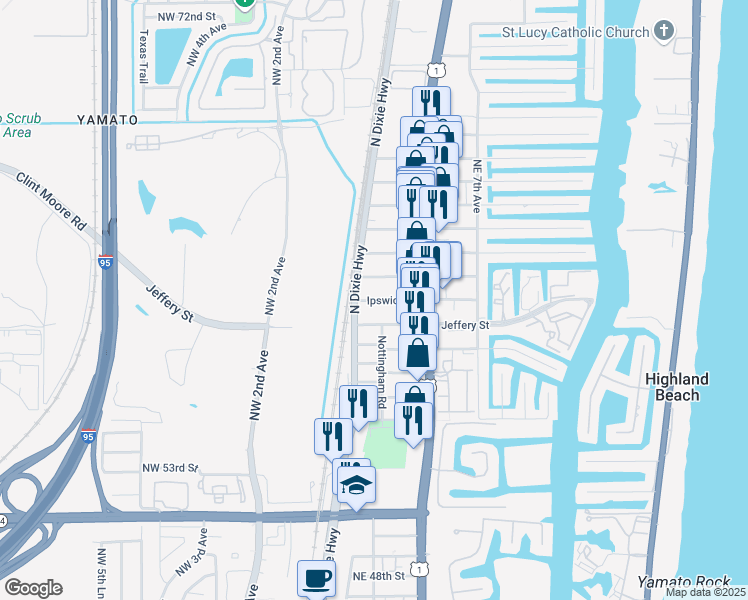 map of restaurants, bars, coffee shops, grocery stores, and more near 230 Ipswich Street in Boca Raton