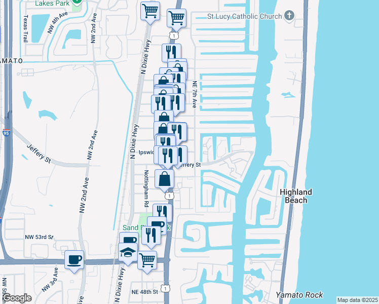 map of restaurants, bars, coffee shops, grocery stores, and more near 681 Ipswich Street in Boca Raton