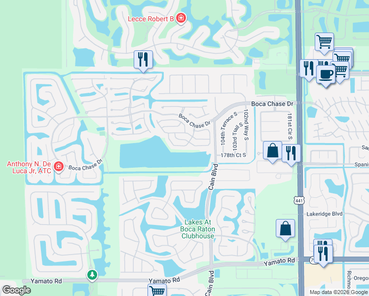 map of restaurants, bars, coffee shops, grocery stores, and more near 10672 Oak Lake Way in Boca Raton