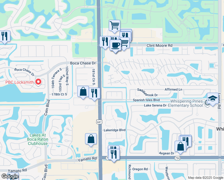 map of restaurants, bars, coffee shops, grocery stores, and more near 9899 Spanish Isles Drive in Boca Raton