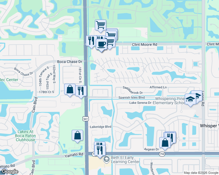 map of restaurants, bars, coffee shops, grocery stores, and more near 9845 Spanish Isles Drive in Boca Raton