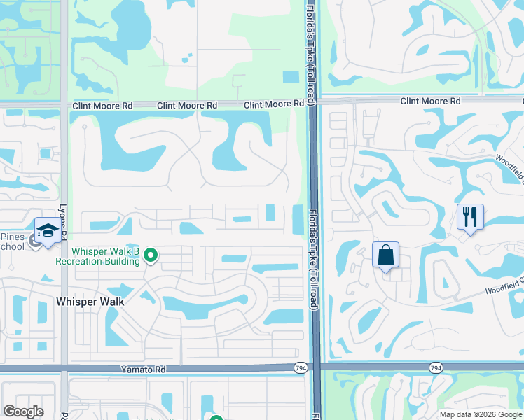 map of restaurants, bars, coffee shops, grocery stores, and more near 18404 Vía Di Regina in Boca Raton