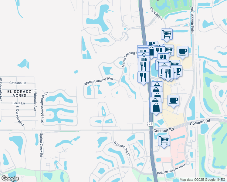 map of restaurants, bars, coffee shops, grocery stores, and more near 23165 Grassy Pine Drive in Estero