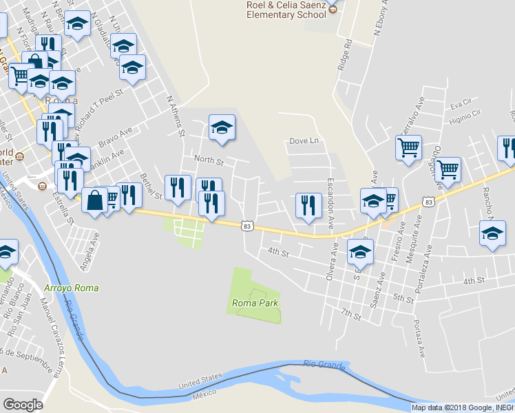 map of restaurants, bars, coffee shops, grocery stores, and more near 369 Canales Circle in Roma