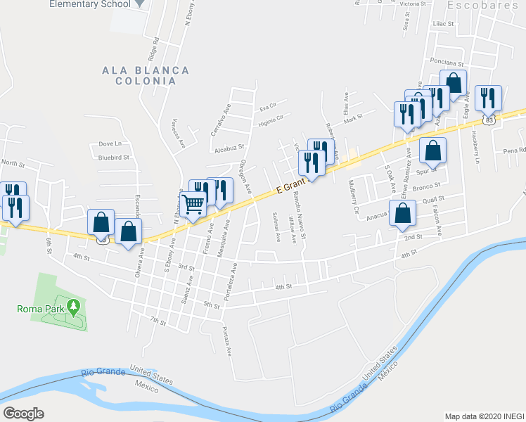 map of restaurants, bars, coffee shops, grocery stores, and more near 1724 East Grant Street in Roma