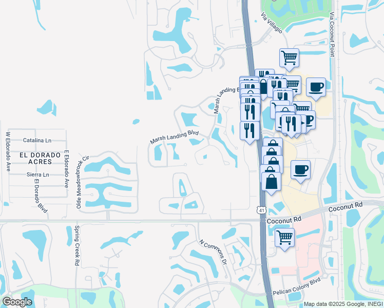 map of restaurants, bars, coffee shops, grocery stores, and more near 23165 Grassy Pine Drive in Estero