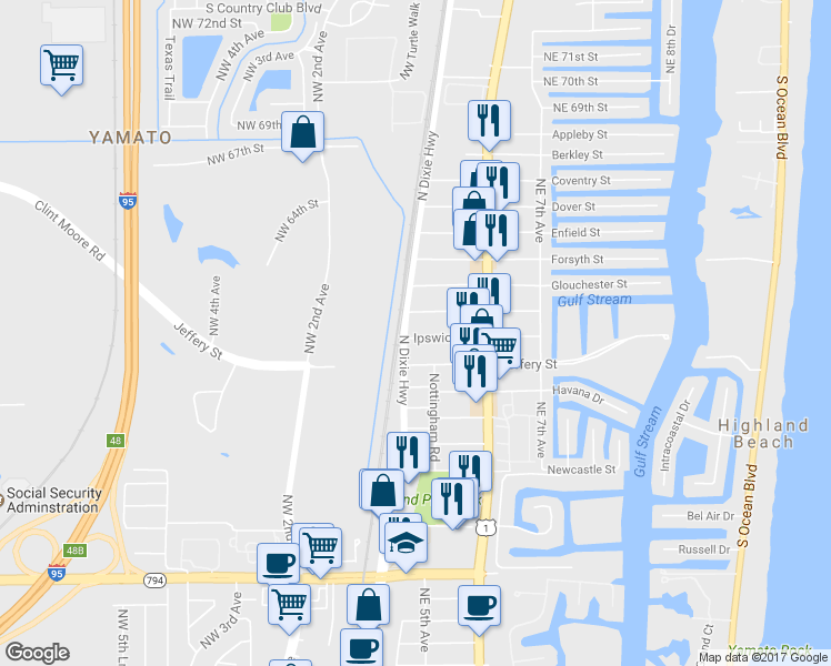map of restaurants, bars, coffee shops, grocery stores, and more near 141 Ipswich Street in Boca Raton