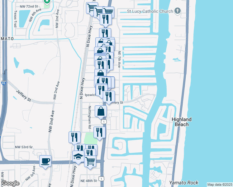 map of restaurants, bars, coffee shops, grocery stores, and more near 681 Ipswich Street in Boca Raton