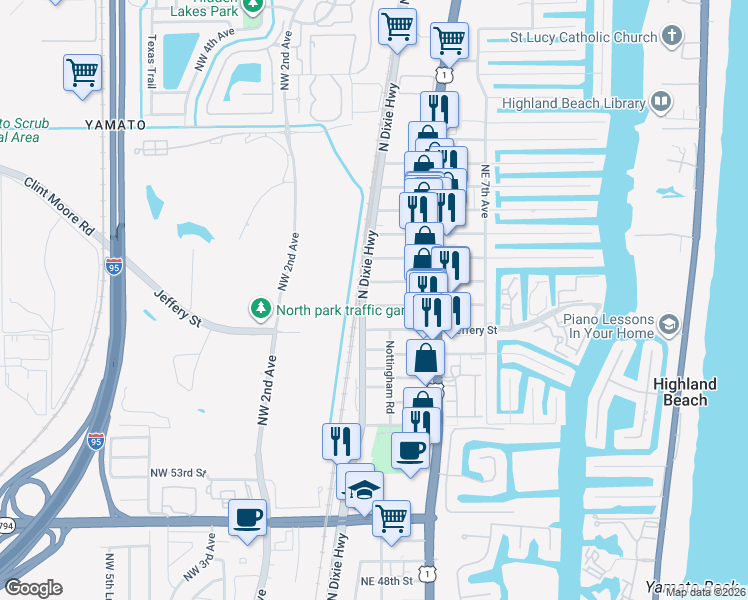 map of restaurants, bars, coffee shops, grocery stores, and more near 141 Ipswich Street in Boca Raton