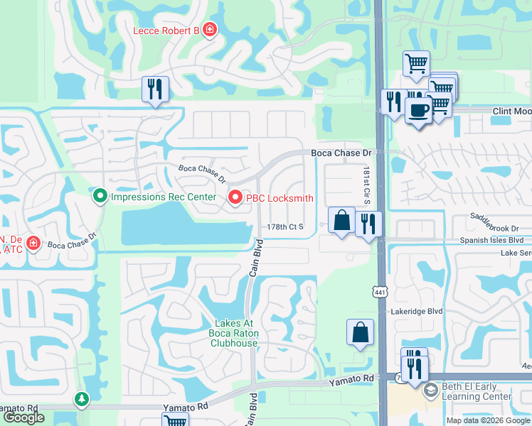 map of restaurants, bars, coffee shops, grocery stores, and more near 18349 104th Terrace South in Boca Raton