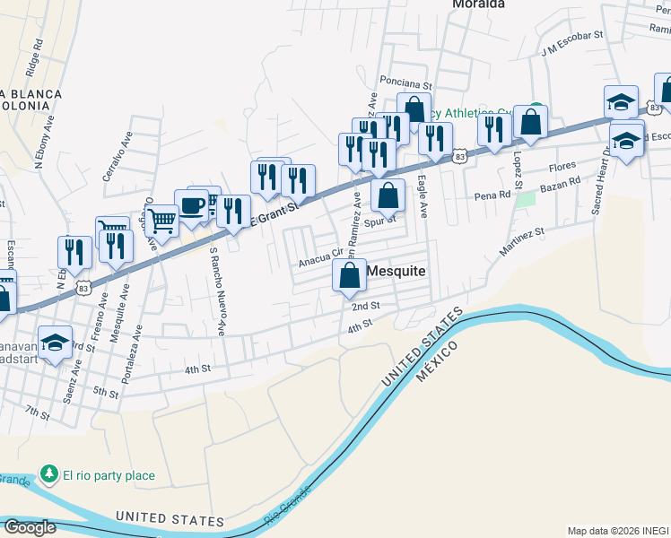 map of restaurants, bars, coffee shops, grocery stores, and more near 225 Anacua Circle in Roma