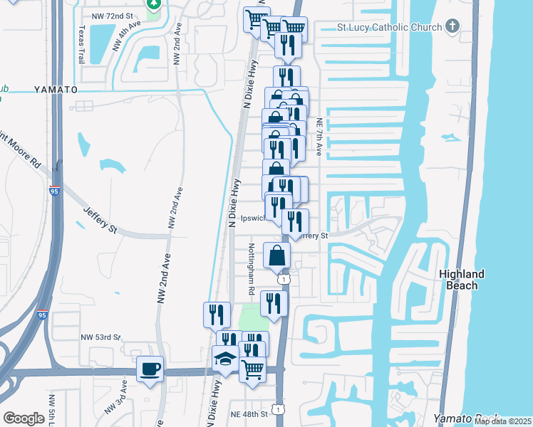 map of restaurants, bars, coffee shops, grocery stores, and more near 393 Ipswich Street in Boca Raton