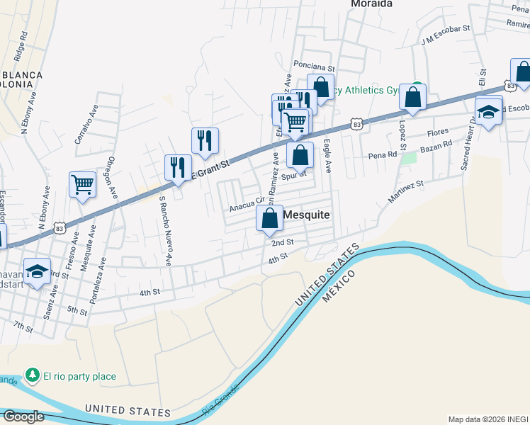 map of restaurants, bars, coffee shops, grocery stores, and more near 225 Anacua Circle in Roma