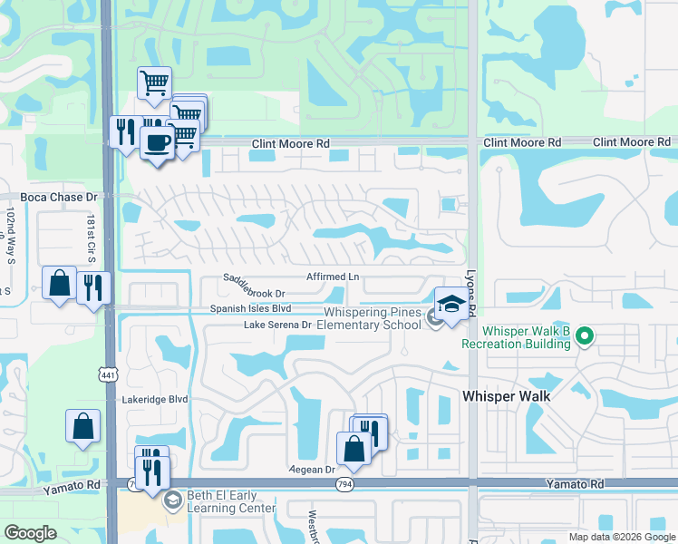 map of restaurants, bars, coffee shops, grocery stores, and more near 9309 Affirmed Lane in Boca Raton