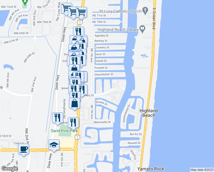 map of restaurants, bars, coffee shops, grocery stores, and more near 777 Jeffery Street in Boca Raton