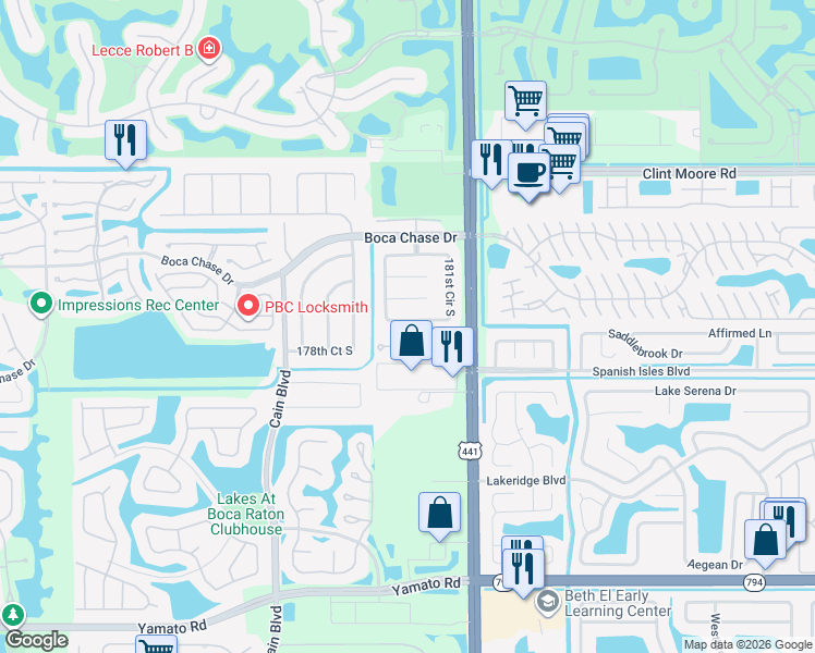 map of restaurants, bars, coffee shops, grocery stores, and more near 18268 181st Circle South in Boca Raton