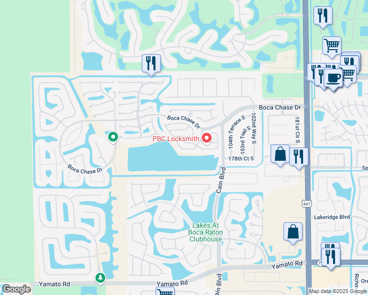 map of restaurants, bars, coffee shops, grocery stores, and more near 10672 Oak Lake Way in Boca Raton