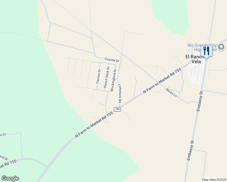 map of restaurants, bars, coffee shops, grocery stores, and more near 3618 Mockingbird Drive in Rio Grande City