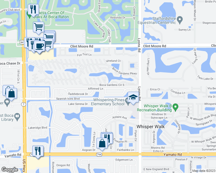 map of restaurants, bars, coffee shops, grocery stores, and more near 9213 Affirmed Lane in Boca Raton