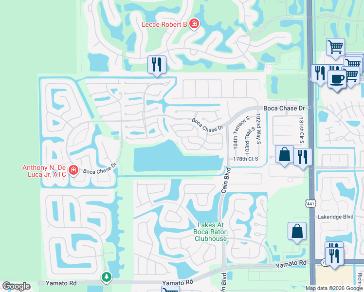 map of restaurants, bars, coffee shops, grocery stores, and more near 10744 Oak Lake Way in Boca Raton