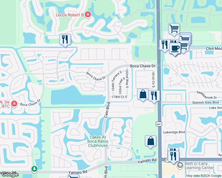 map of restaurants, bars, coffee shops, grocery stores, and more near 18337 104th Terrace South in Boca Raton