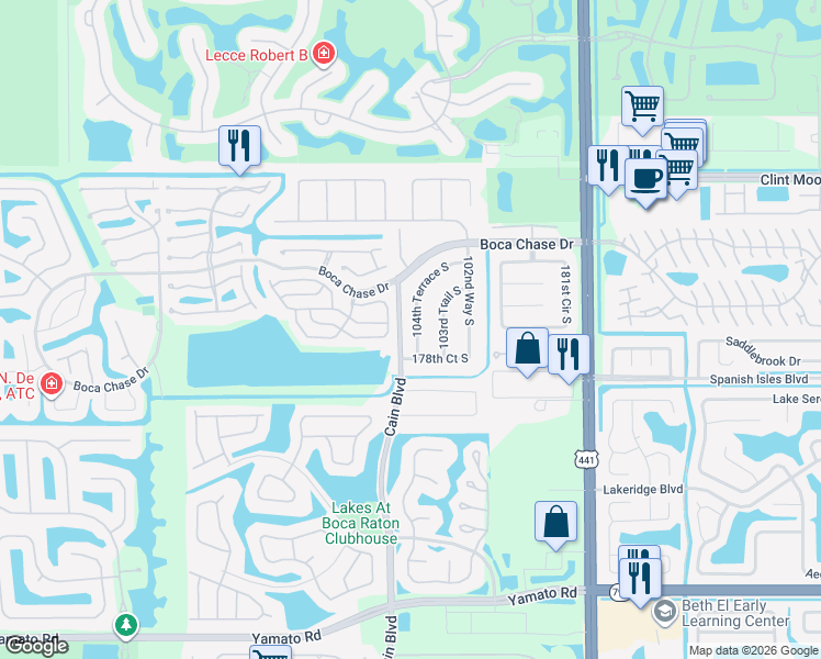 map of restaurants, bars, coffee shops, grocery stores, and more near 18337 104th Terrace South in Boca Raton
