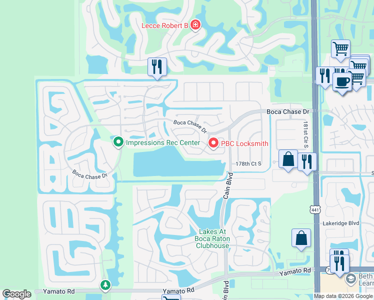 map of restaurants, bars, coffee shops, grocery stores, and more near 10737 Oak Lake Way in Boca Raton