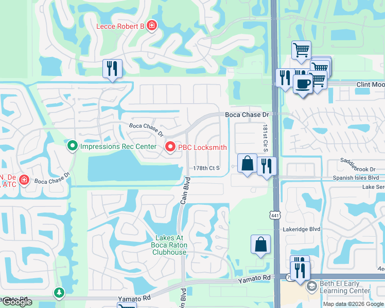 map of restaurants, bars, coffee shops, grocery stores, and more near 18349 104th Terrace South in Boca Raton
