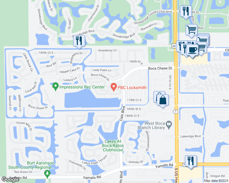 map of restaurants, bars, coffee shops, grocery stores, and more near 10564 Lake Jasmine Drive in Boca Raton