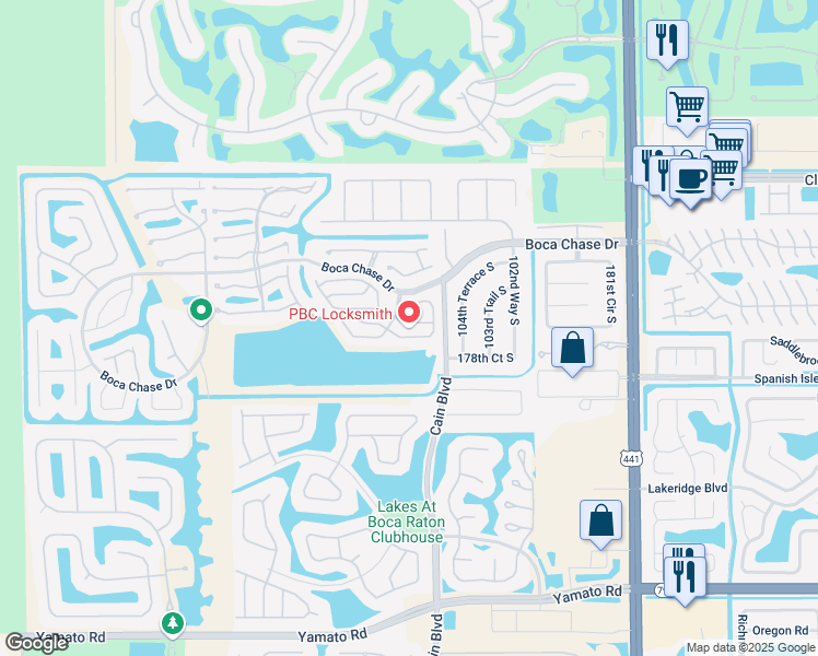 map of restaurants, bars, coffee shops, grocery stores, and more near 10572 Lake Jasmine Drive in Boca Raton
