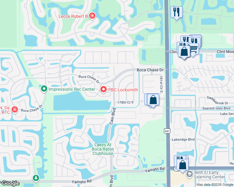 map of restaurants, bars, coffee shops, grocery stores, and more near 18349 104th Terrace South in Boca Raton