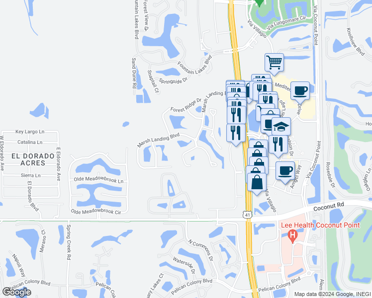 map of restaurants, bars, coffee shops, grocery stores, and more near 23148 Grassy Pine Drive in Estero