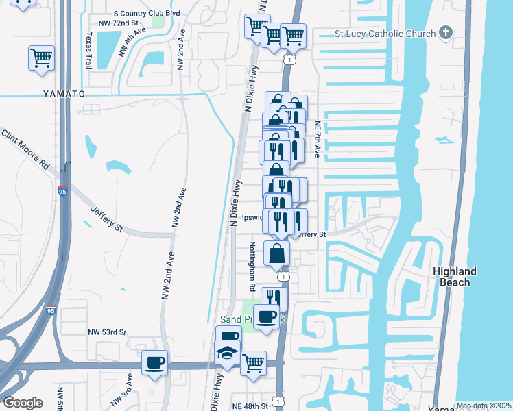 map of restaurants, bars, coffee shops, grocery stores, and more near 355 Ipswich Street in Boca Raton