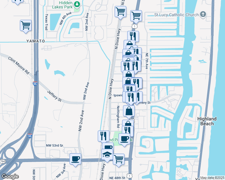 map of restaurants, bars, coffee shops, grocery stores, and more near 141 Ipswich Street in Boca Raton