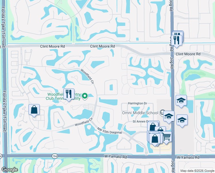 map of restaurants, bars, coffee shops, grocery stores, and more near 3515 Northwest Clubside Circle in Boca Raton