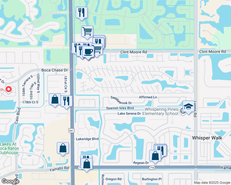 map of restaurants, bars, coffee shops, grocery stores, and more near 9585 Affirmed Lane in Boca Raton