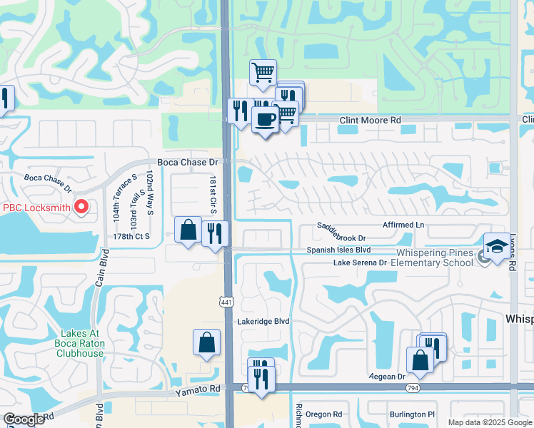 map of restaurants, bars, coffee shops, grocery stores, and more near 9899 Spanish Isles Drive in Boca Raton
