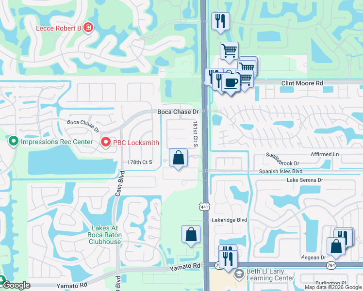 map of restaurants, bars, coffee shops, grocery stores, and more near 18268 181st Circle South in Boca Raton