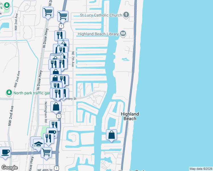 map of restaurants, bars, coffee shops, grocery stores, and more near 1101 Highland Beach Drive in Highland Beach
