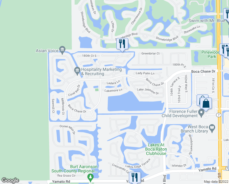 map of restaurants, bars, coffee shops, grocery stores, and more near 10930 Lakemore Lane in Boca Raton