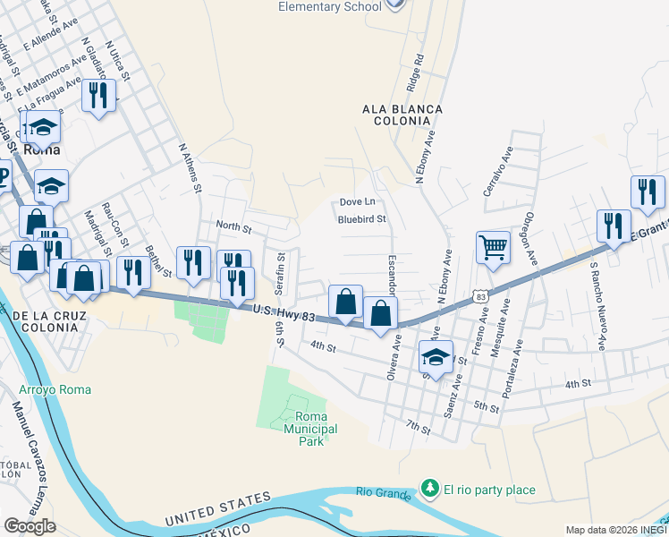 map of restaurants, bars, coffee shops, grocery stores, and more near 803 East Mockingbird Street in Roma