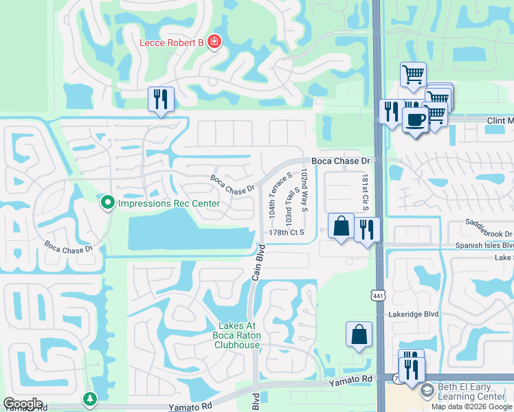 map of restaurants, bars, coffee shops, grocery stores, and more near 18289 104th Terrace South in Boca Raton