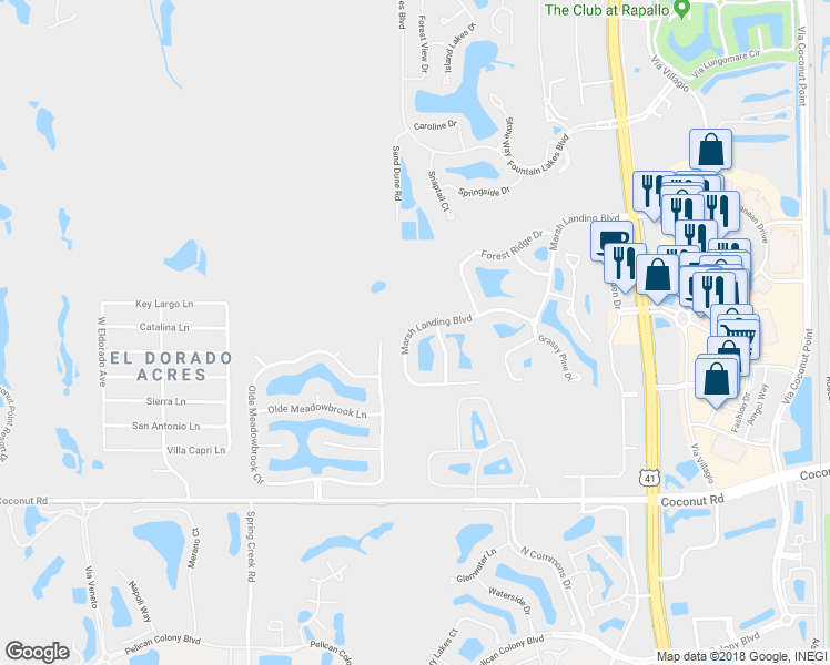 map of restaurants, bars, coffee shops, grocery stores, and more near 23163 Marsh Landing Boulevard in Estero
