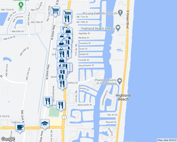 map of restaurants, bars, coffee shops, grocery stores, and more near 800 Glouchester Street in Boca Raton