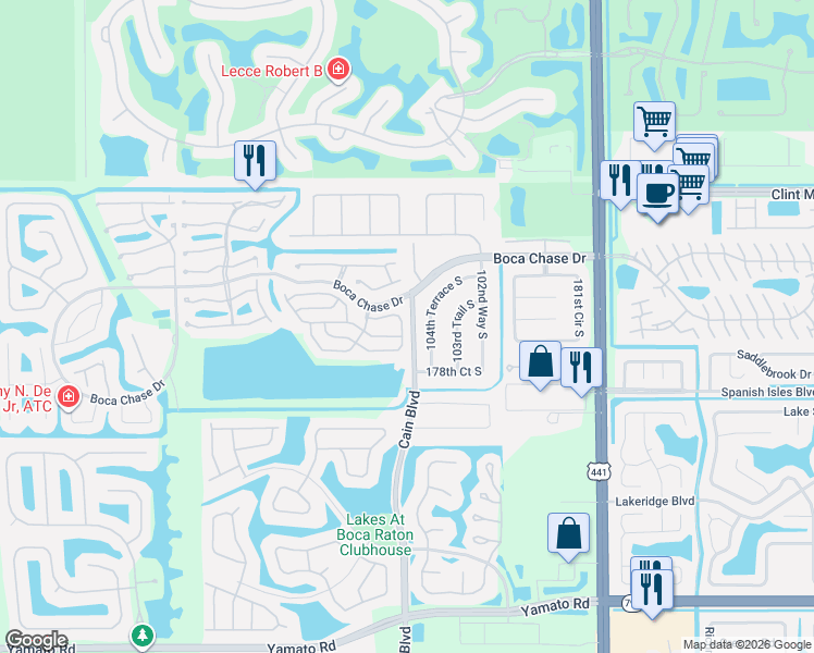 map of restaurants, bars, coffee shops, grocery stores, and more near 18289 104th Terrace South in Boca Raton