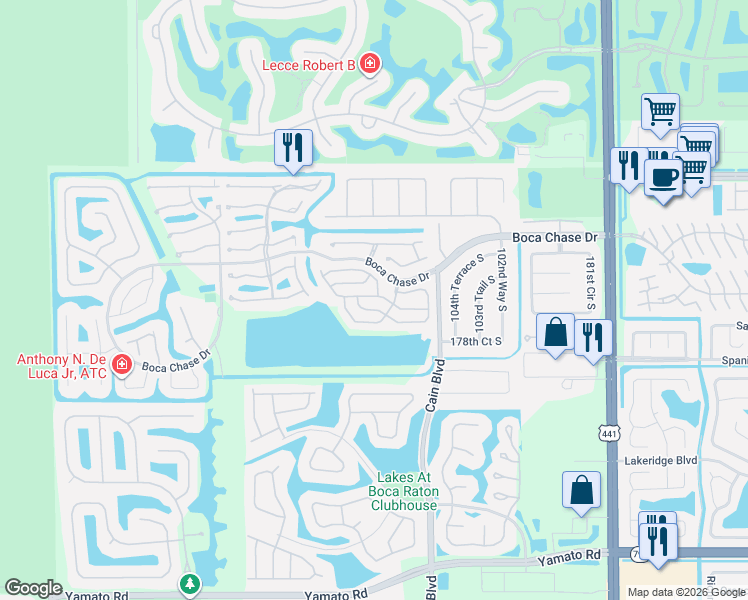 map of restaurants, bars, coffee shops, grocery stores, and more near 10662 Lake Oak Way in Boca Raton