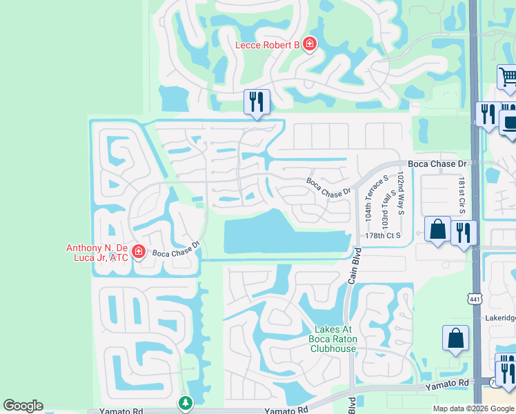 map of restaurants, bars, coffee shops, grocery stores, and more near 18258 Covina Way in Boca Raton