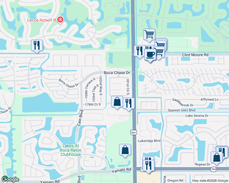 map of restaurants, bars, coffee shops, grocery stores, and more near 10161 182nd Lane South in Boca Raton