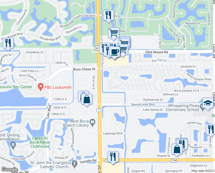 map of restaurants, bars, coffee shops, grocery stores, and more near 9975 Boca Gardens Trail in Boca Raton